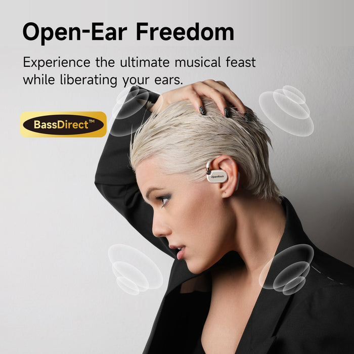 OneOdio OpenRock X - Open Ear True Wireless Headphones Sports-ørepropper, Bluetooth 5.3, sterk bass, 4-Mic ENC, oppgraderte justerbare silisium-ørekroker, 48 timers spilletid, svettebestandig, smart app, kompatibel med iPhone og Android