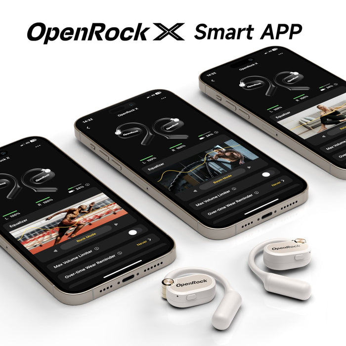 OneOdio OpenRock X - Open Ear True Wireless Headphones Sports-ørepropper, Bluetooth 5.3, sterk bass, 4-Mic ENC, oppgraderte justerbare silisium-ørekroker, 48 timers spilletid, svettebestandig, smart app, kompatibel med iPhone og Android