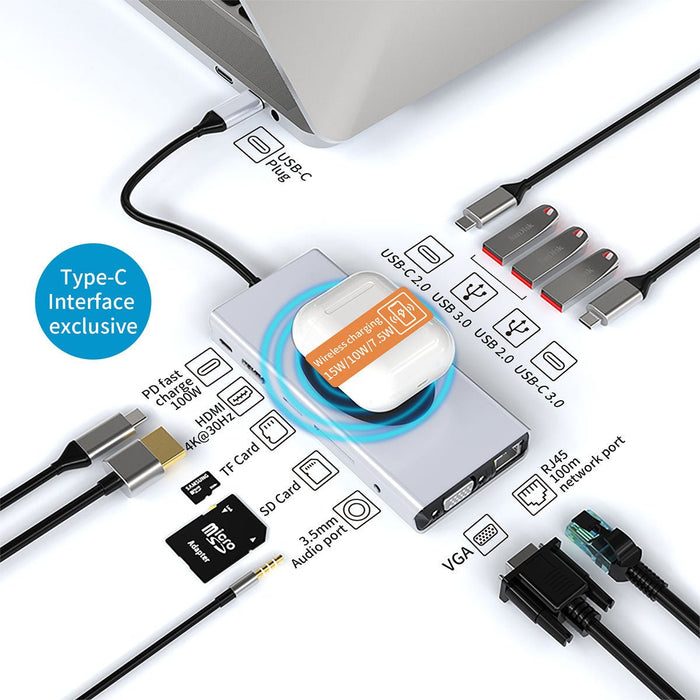 Basix 13-in-1 Docking Station - Triple Display USB-C Hub with USB 3.0, USB-C 2.0, 15W Wireless Charger, 100W Type-C PD, Dual 4K HDMI, VGA, 3.5mm Audio Jack, RJ45, and Memory Card Readers - Ultimate Connectivity Solution for Professionals - Shopsta EU