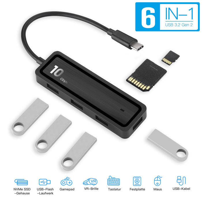 Pinrui 6-in-1 USB Hub - USB3.1 Gen 2 4-Port Expander with SD/TF Adapter, Laptop Docking Station - Perfect for Efficient Working and Data Transfers - Shopsta EU